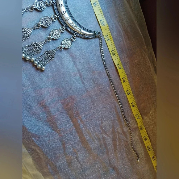 A Silver Boho Fringe Coin Charm Pendant Bib Choker Necklace - Picture 7 of 7